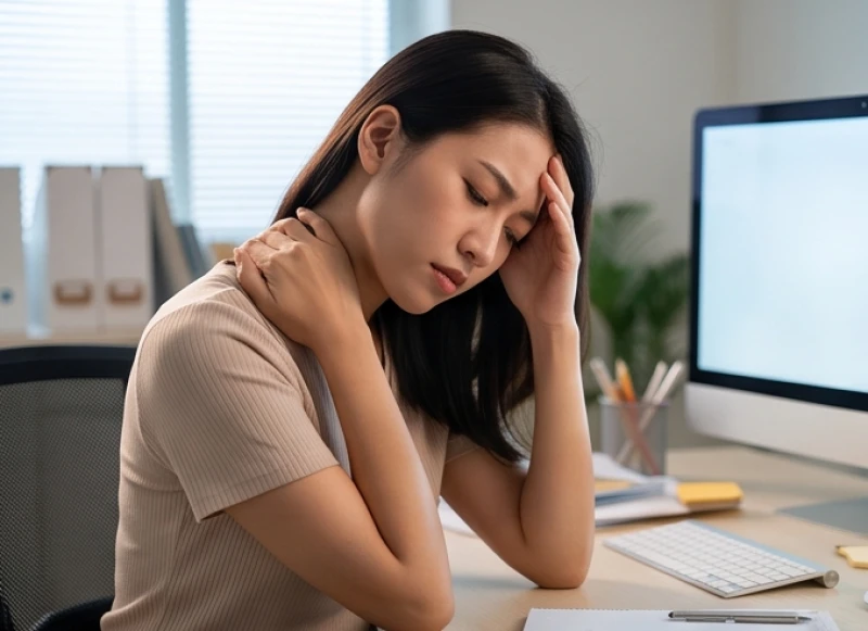 Nữ nhân viên văn phòng mệt mỏi xoa bóp vùng vai gáy sau thời gian dài làm việc căng thẳng trước máy tính