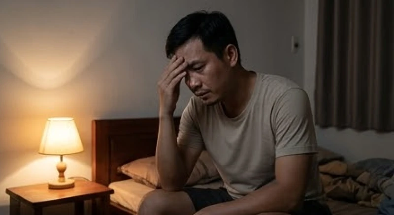 Mơ thấy bệnh tật: Giải mã điềm báo, sổ mơ & cách xoa dịu lo âu 1 Người đàn ông mệt mỏi xoa trán giữa đêm vì căng thẳng công việc gây mất ngủ