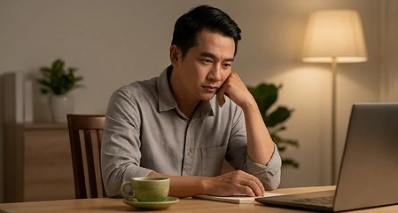 Xung Thái Tuế là gì: Cách xem tuổi phạm, phương vị và bài cúng 3 Người đàn ông ngồi suy tư trước bàn làm việc với tách trà thể hiện áp lực trong năm phạm xung thái tuế là gì