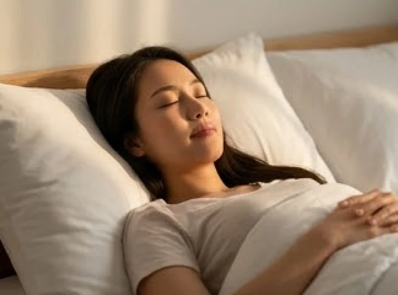Người phụ nữ nhắm mắt hít thở sâu thư giãn để xua tan những áp lực tinh thần trước khi chìm vào giấc ngủ
