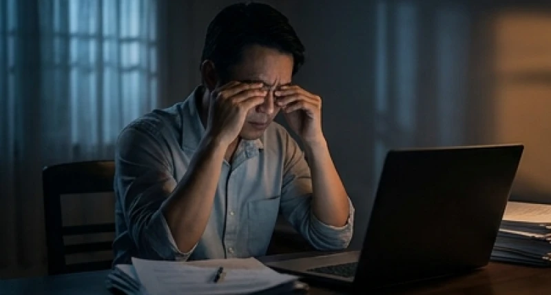 Mơ thấy ma: Giải mã điềm báo tâm linh và cách trấn an tinh thần 3 Bàn tay ôm đầu mệt mỏi bên bàn làm việc muộn giữa đêm với ánh đèn le lói