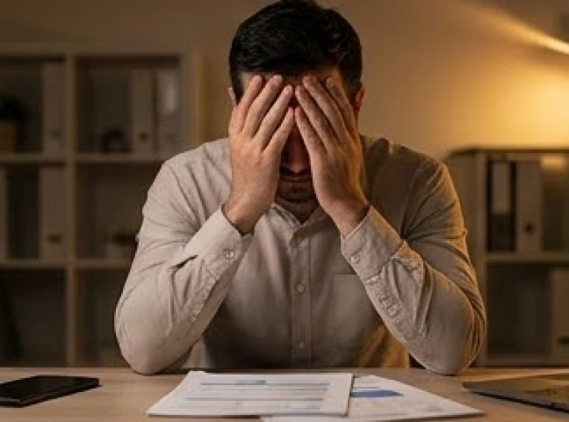 Ngủ mơ nhiều có hại không: Dấu hiệu bệnh lý & cách khắc phục 5 Người đàn ông mệt mỏi ôm đầu gục xuống bàn làm việc vì áp lực và căng thẳng