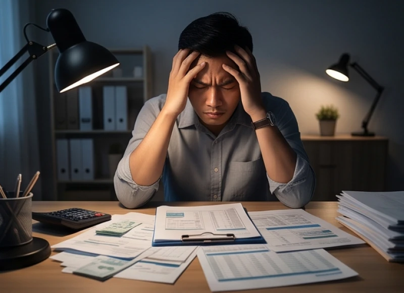 Người đàn ông ôm đầu lo lắng trước đống giấy tờ hóa đơn trên bàn làm việc trong đêm