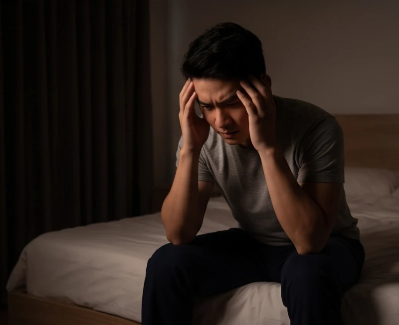 Mơ thấy sờ vùng kín phụ nữ: Ý nghĩa tâm lý & con số theo ngữ cảnh 4 Người đàn ông ôm đầu ngồi trên giường với vẻ mặt đầy âu lo khi vừa choàng tỉnh khỏi cơn ác mộng
