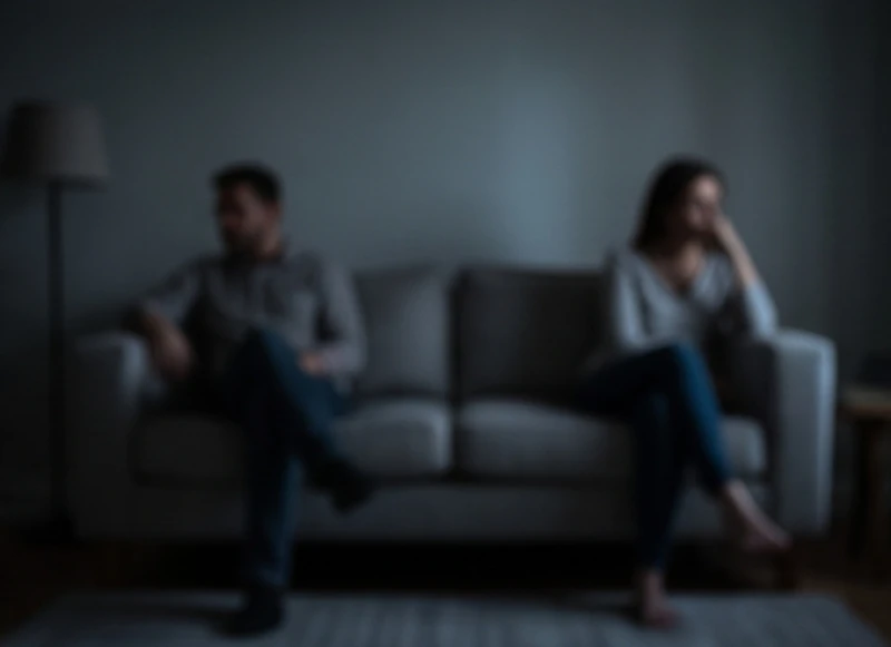 Hai bóng người ngồi xa nhau trên chiếc ghế sofa trong bóng tối thể hiện sự rạn nứt tình cảm