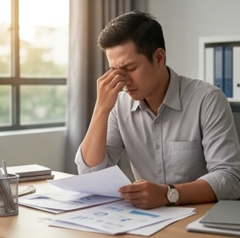 Nhân viên văn phòng mệt mỏi xoa gốc mũi do căng thẳng thần kinh và thiếu ngủ kéo dài