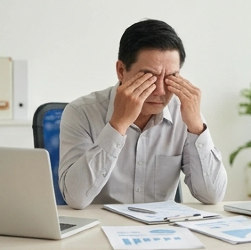 Sức khỏe tuổi Mùi năm 2026: Lịch tầm soát và thực đơn phòng bệnh 2 Một nhân viên văn phòng xoa thái dương thể hiện sự uể oải và mệt mỏi do áp lực công việc kéo dài