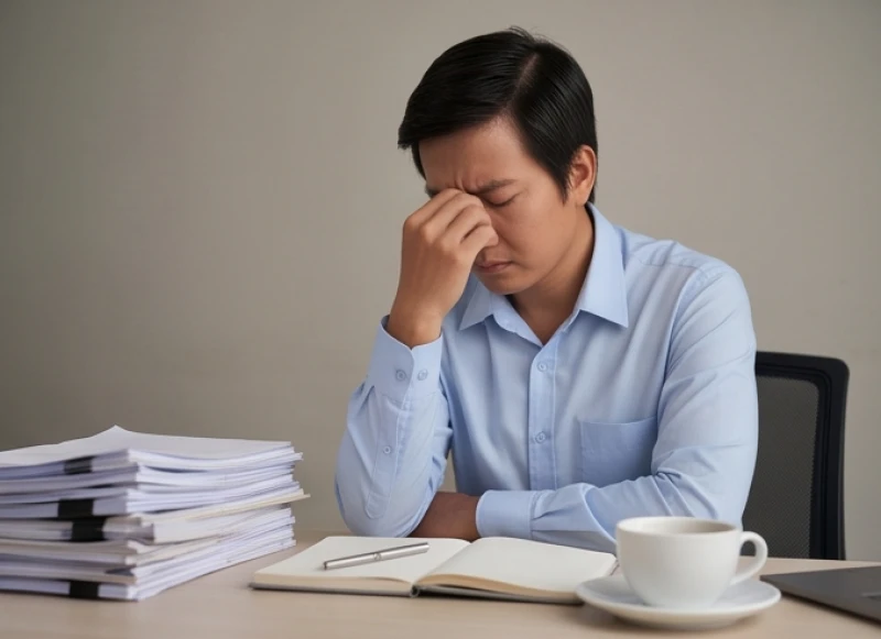 Nhân viên công sở mệt mỏi xoa thái dương do khối lượng công việc dồn ứ và áp lực giao tiếp nội bộ