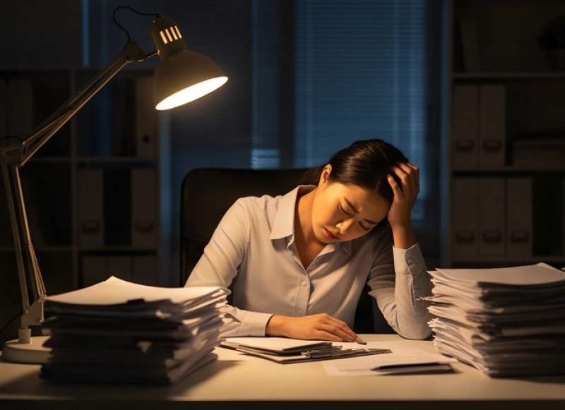 Giải Mã Giấc Mơ Bị Ma Nhập: Phân Biệt Bóng Đè & Cách Hóa Giải 6 Người phụ nữ gục đầu xuống bàn làm việc vì quá tải và kiệt sức với đống giấy tờ