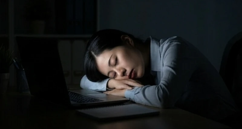 Mơ thấy bộ xương người: Ý nghĩa điềm báo và cách hóa giải 2 Người phụ nữ lộ vẻ mệt mỏi và kiệt sức gục đầu bên bàn làm việc vào ban đêm