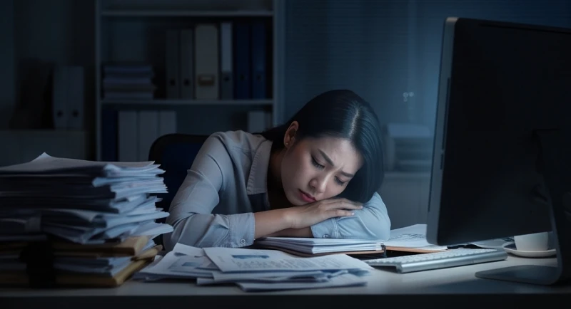 Nữ nhân viên văn phòng gục đầu xuống bàn làm việc đầy giấy tờ giữa đêm khuya thể hiện sự kiệt sức và quá tải tâm lý