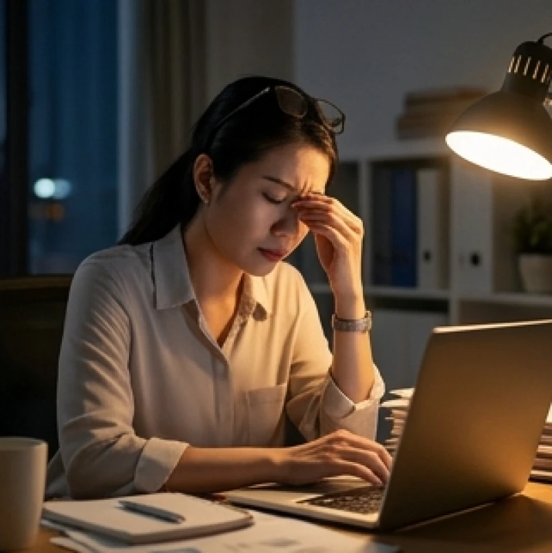 Người phụ nữ xoa thái dương tỏ vẻ mệt mỏi khi ngồi làm việc trước màn hình máy tính vào ban đêm