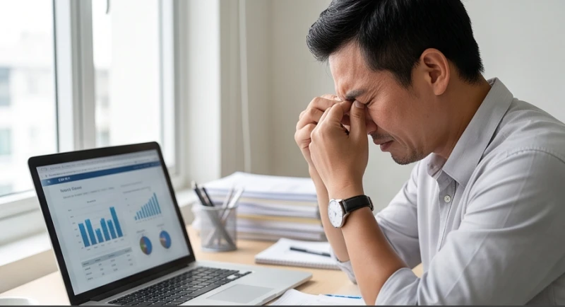 Nam nhân viên văn phòng ôm đầu mệt mỏi vì căng thẳng khiến mí mắt co giật