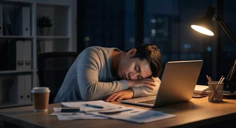 Người đàn ông mệt mỏi gục đầu trên bàn làm việc do kiệt sức