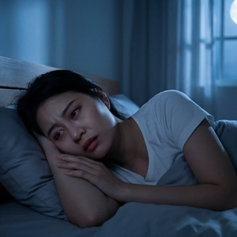 Người phụ nữ trằn trọc khó ngủ vào ban đêm do áp lực công việc và căng thẳng kéo dài