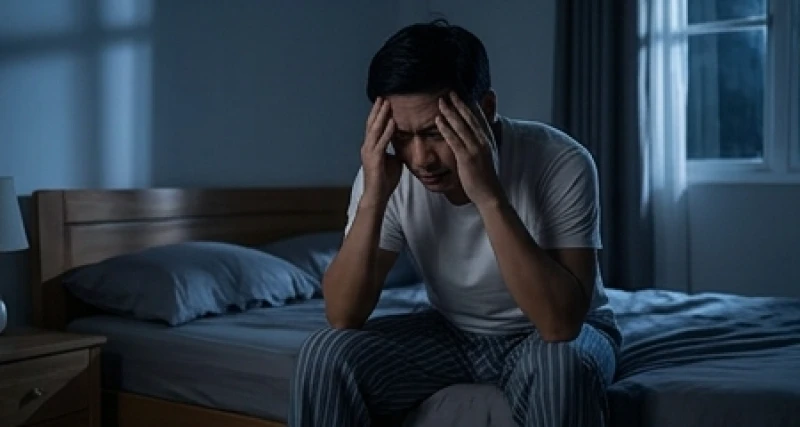 Người đàn ông ôm đầu ngồi thao thức trên mép giường giữa đêm tối vì những lo âu tài chính
