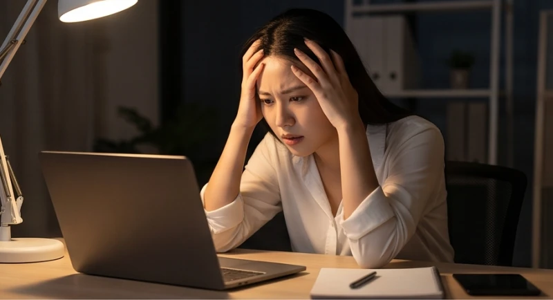 Mơ thấy vỡ răng: Giải mã điềm báo từng vị trí và ngũ hành 1 Một người phụ nữ đang ngồi ôm đầu mệt mỏi trước màn hình máy tính làm việc muộn vào ban đêm