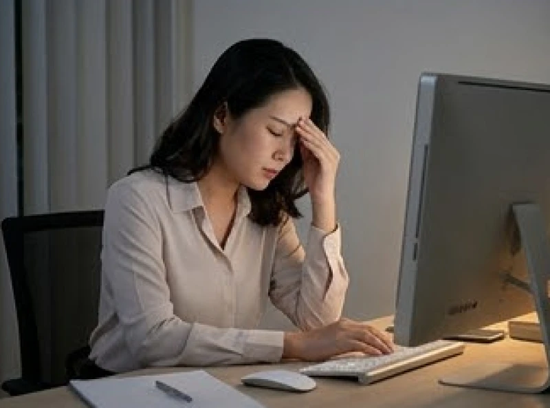 Nữ nhân viên văn phòng mệt mỏi xoa nhẹ thái dương khi đang làm việc muộn trước màn hình máy tính