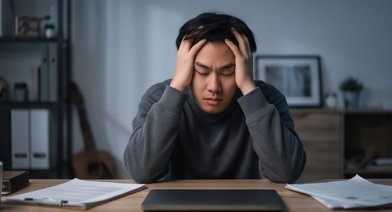 Nam thanh niên ôm đầu gục xuống bàn làm việc thể hiện sự kiệt sức và căng thẳng tột độ