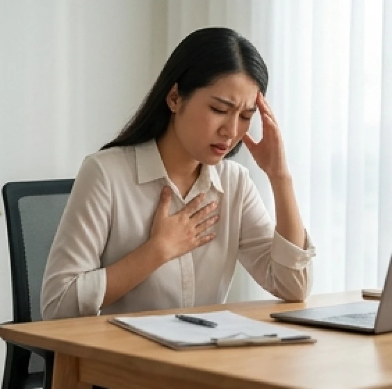 Hồi hộp bất thường là điềm gì: Giải mã 12 khung giờ & mẹo làm dịu 2 Nữ nhân viên văn phòng ôm đầu căng thẳng mệt mỏi khiến tim đập nhanh liên tục