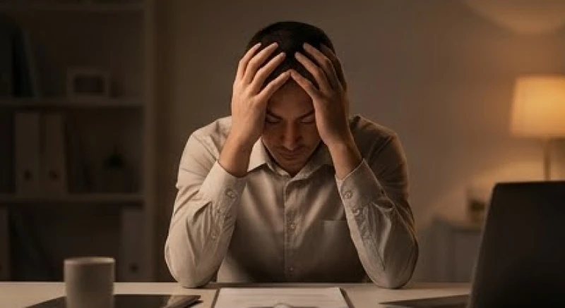 Một người ngồi gục đầu xuống bàn làm việc thể hiện sự mệt mỏi và kiệt sức do lao lực quá độ