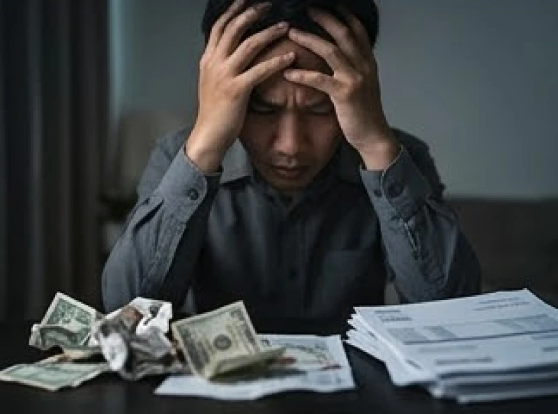 Mơ thấy tiền rách: Giải mã điềm báo, con số và cách hóa giải 8 Bàn tay nắm chặt trán với vẻ mặt mệt mỏi bên cạnh xấp hóa đơn và những tờ tiền nhàu nát