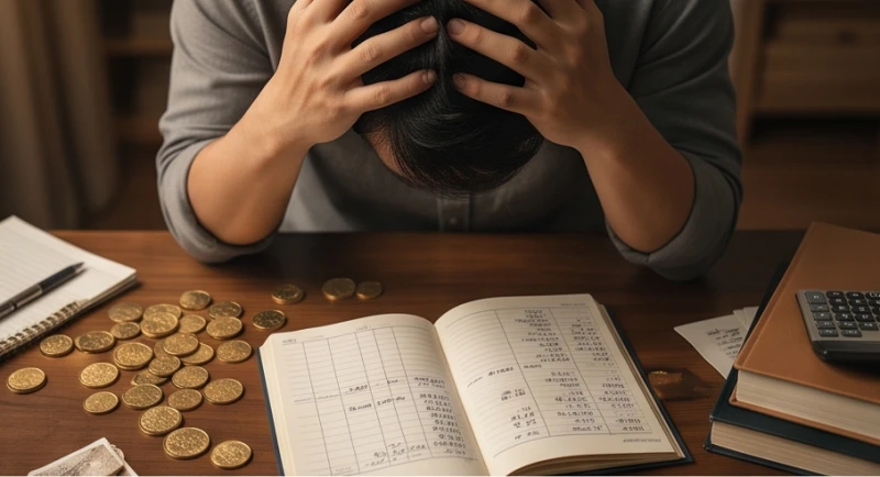 Mơ thấy mất vàng là điềm gì: Luận giải kịch bản & bộ số may mắn 1 Bàn tay người ôm trán đầy âu lo trước cuốn sổ ghi chép và những đồng tiền vàng lác đác trên bàn làm việc