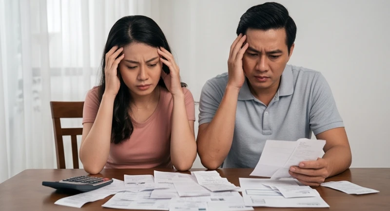 Hai vợ chồng ngồi đối diện nhau với vẻ mặt căng thẳng bên cạnh xấp hóa đơn và máy tính