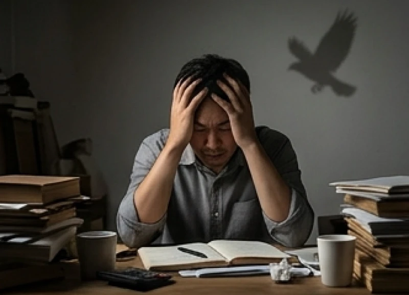 Người phụ nữ mệt mỏi gục đầu bên bàn làm việc bừa bộn, minh họa chân thực cho áp lực tâm lý sinh ra ác mộng về loài chim