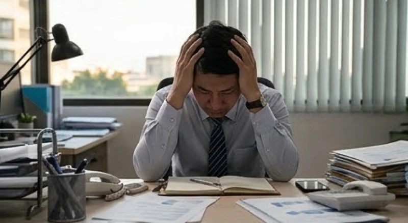 Nhân viên văn phòng tỏ vẻ mệt mỏi và ôm đầu gục xuống bàn làm việc do áp lực công việc