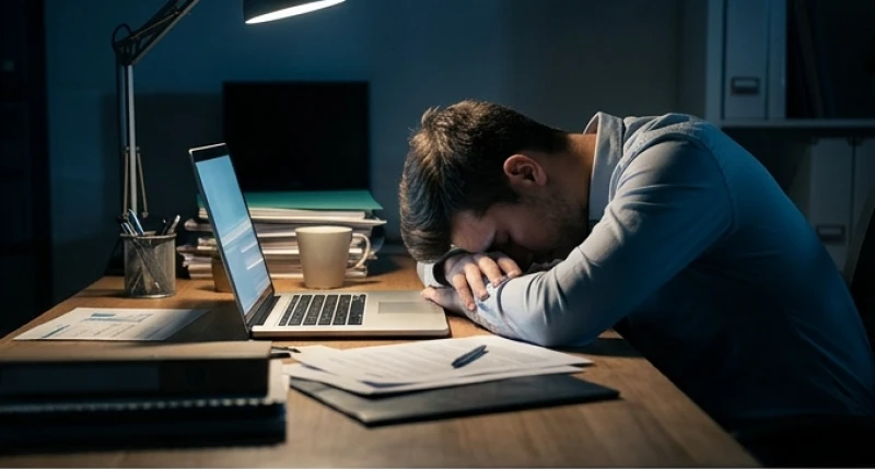 Một người gục đầu xuống bàn làm việc đầy giấy tờ thể hiện sự quá tải căng thẳng