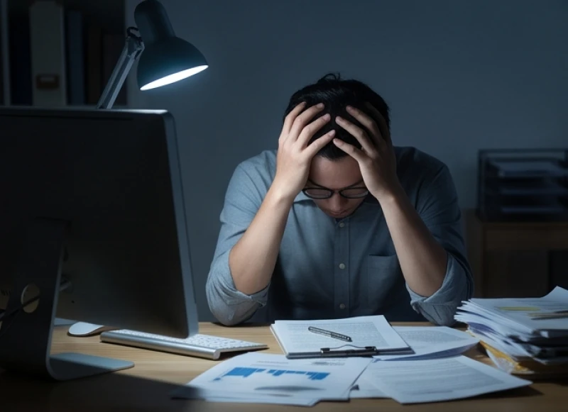 Người đàn ông ôm đầu căng thẳng mệt mỏi tại bàn làm việc dẫn đến những cơn ác mộng về đêm