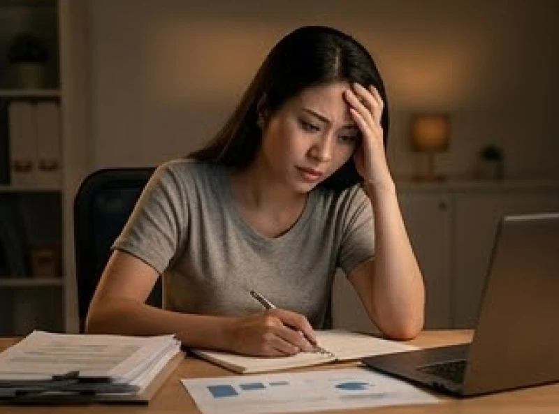 Mơ thấy người nhà chết: Điềm báo tâm linh & cách trấn an 2 Nữ nhân viên văn phòng ôm đầu lo âu vì gánh vác quá nhiều áp lực công việc và tài chính