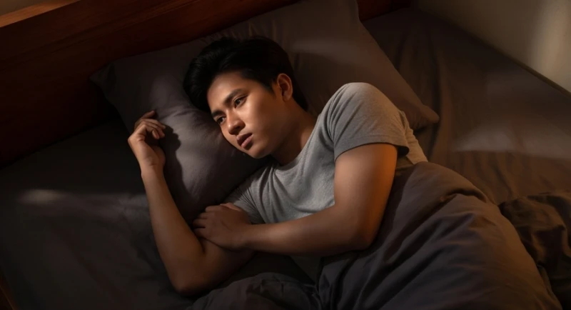 Một người đang trằn trọc mệt mỏi trong đêm do áp lực tâm lý và suy nghĩ quá nhiều