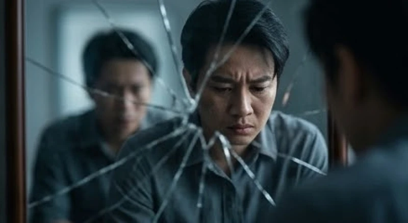 Mơ thấy gương vỡ: Giải mã tâm lý, điềm báo và cách hóa giải 2 Hình ảnh mờ ảo của một người đang lo âu nhìn vào chiếc gương nứt phản chiếu sự mất kiểm soát tâm lý