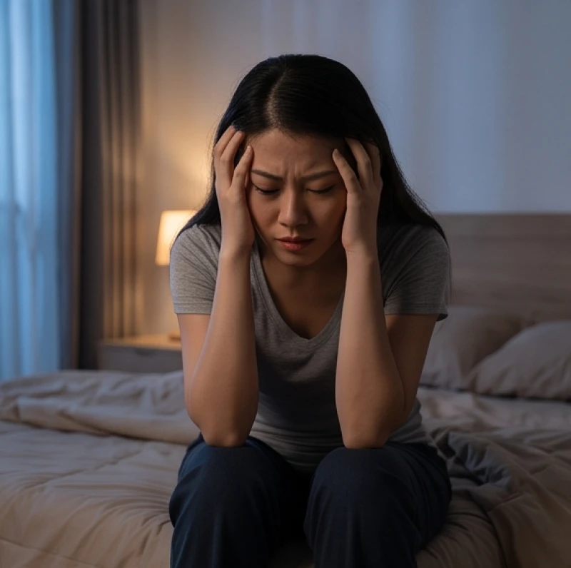 Người phụ nữ ngồi ôm đầu bối rối và mâu thuẫn nội tâm trên giường khi đối mặt với vô vàn áp lực