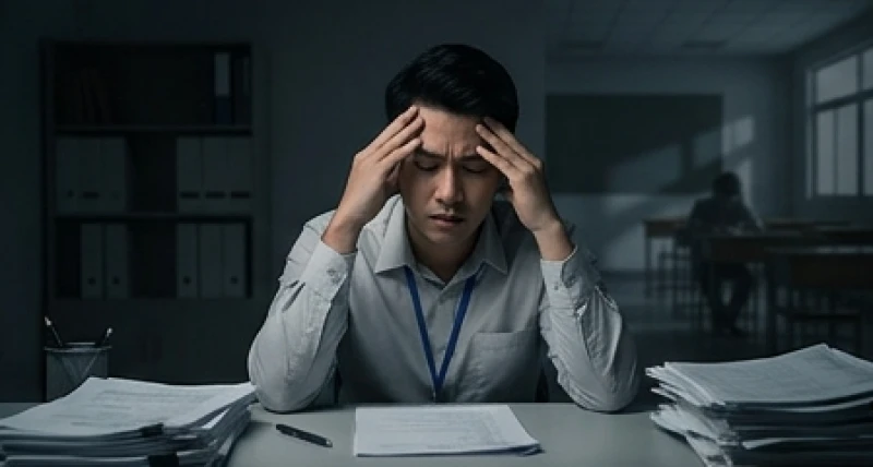 Nam thanh niên ngồi gục đầu trước bàn làm việc với xấp tài liệu, mường tượng về phòng thi