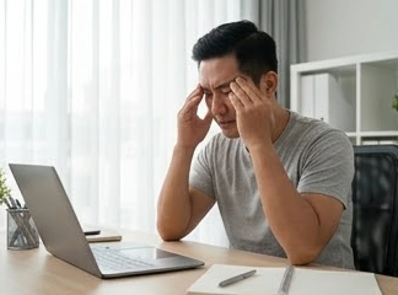 Cảm giác lạ trên cơ thể là điềm gì: Tâm linh hay bệnh lý? 1 Người đàn ông mệt mỏi xoa hai bên thái dương để giảm bớt căng thẳng thần kinh và đau đầu