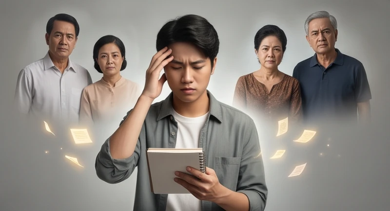Nam thanh niên bồn chồn lo âu ôm cuốn sổ khi hình dung về sự nghiêm khắc của gia đình người yêu