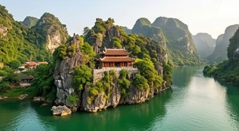 Phong cảnh thiên nhiên non nước hữu tình bao quanh quần thể đền Chúa Thác Bờ tại Hòa Bình