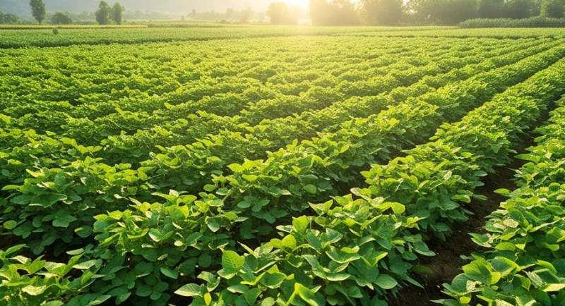 Cánh đồng hoa màu nông nghiệp tươi tốt vươn lên dưới ánh nắng mặt trời rực rỡ