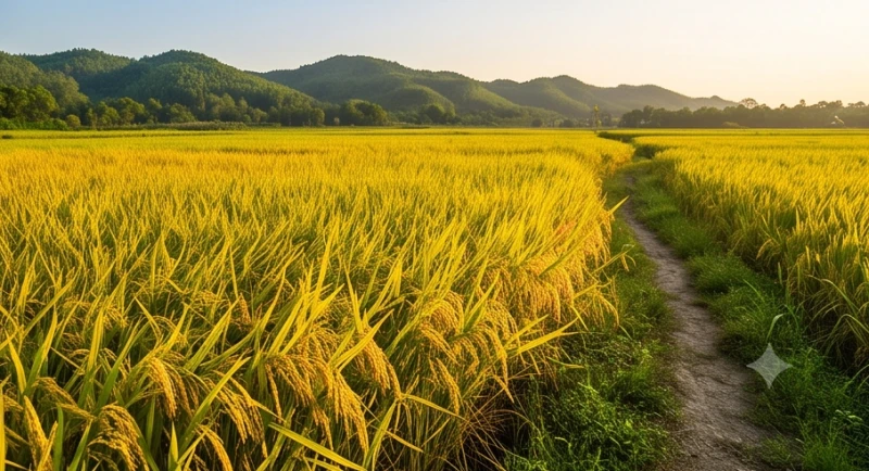 Cánh đồng lúa nước chín vàng ươm trĩu hạt đại diện cho sự no ấm và nền tảng nông nghiệp vững chãi