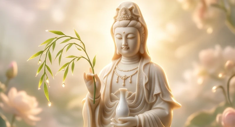 Tượng Bồ Tát Quan Âm cầm cành dương liễu và bình tịnh thủy rưới nước cam lộ thanh tẩy