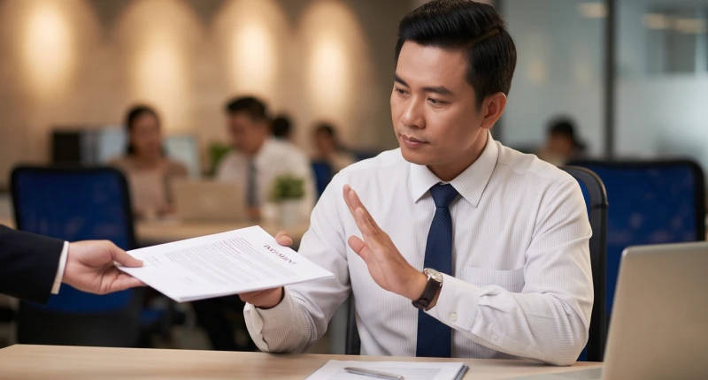 Vận hạn tuổi Thìn năm 2026: Bảng sao nam nữ & vật phẩm giải hạn 13 Người đàn ông cương quyết từ chối ký kết một bản hợp đồng mập mờ trên bàn làm việc