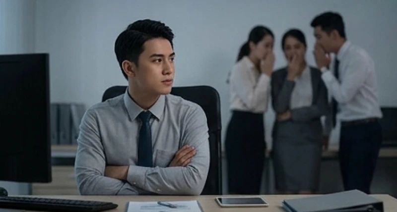 Nhân viên văn phòng ngồi khoanh tay thận trọng quan sát các đồng nghiệp đang bàn tán xôn xao ở phía xa