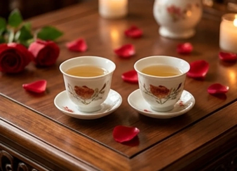Hai ly rượu giao bôi đỏ rực đặt trên chiếc bàn gỗ cổ mang ý nghĩa cầu chúc một gia đạo ấm êm và sung túc