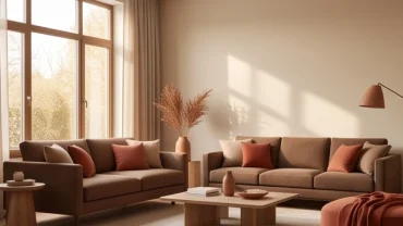 Không gian nội thất ấm cúng với tông màu nâu đất và đỏ gạch thể hiện rõ nét tuổi canh ngọ 1990 hợp màu gì