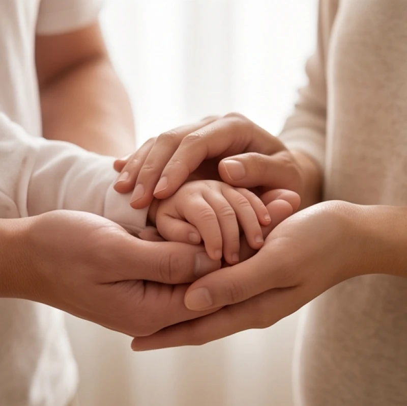 Hai bàn tay người lớn đan vào nhau chở che một bàn tay trẻ thơ nhỏ xíu, biểu tượng cho sự hòa hợp ngũ hành