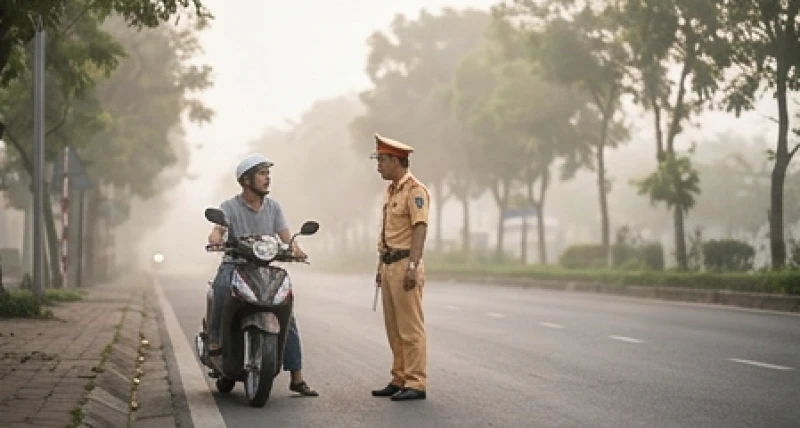 Mơ thấy công an giao thông: Điềm báo & con số theo tình huống 6 Người lái xe máy đang tấp vào lề đường sau khi nhận được hiệu lệnh dừng xe của cảnh sát