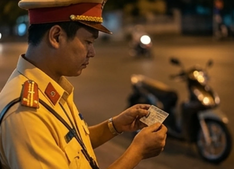 Mơ thấy công an bắt xe: Giải mã điềm báo & con số tài lộc 1 Cảnh sát giao thông Việt Nam đang cầm giấy phép lái xe để kiểm tra dưới ánh đèn đường